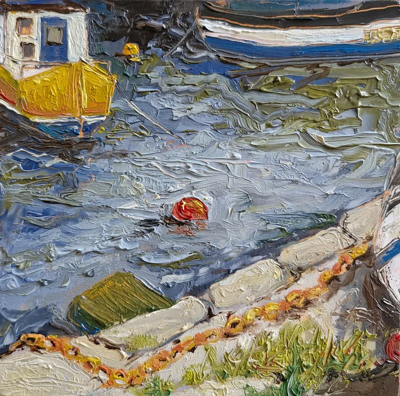 Looking down on harbour water in thick strokes of blue and white, a yellow boat at the top, an orange buoy and a stone slipway edged with rusty chain